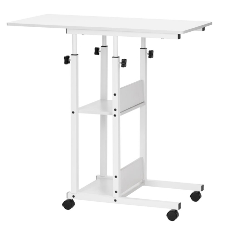 Mobila birou - Birou reglabil pe inaltime cu rafturi si roti, blat din lemn si structura metalica, 80x40x76-86 cm, alb