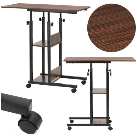 Birou reglabil pe inaltime cu rafturi si roti, blat din lemn si structura metalica, 80x40x76-86 cm, maro inchis [3]