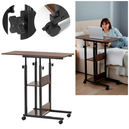 Birou reglabil pe inaltime cu rafturi si roti, blat din lemn si structura metalica, 80x40x76-86 cm, maro inchis [2]