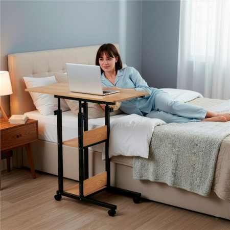 Birou reglabil pe inaltime cu rafturi si roti, blat din lemn si structura metalica, 80x40x76-86 cm, maro natur [8]