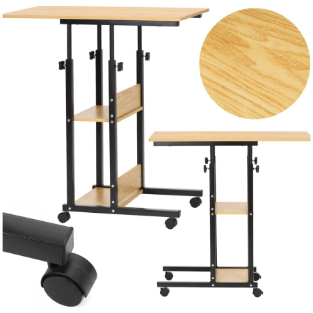 Birou reglabil pe inaltime cu rafturi si roti, blat din lemn si structura metalica, 80x40x76-86 cm, maro natur [3]
