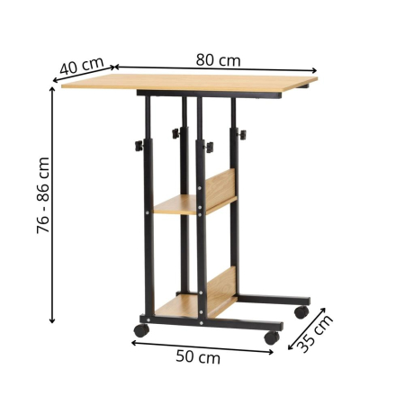 Birou reglabil pe inaltime cu rafturi si roti, blat din lemn si structura metalica, 80x40x76-86 cm, maro natur [14]