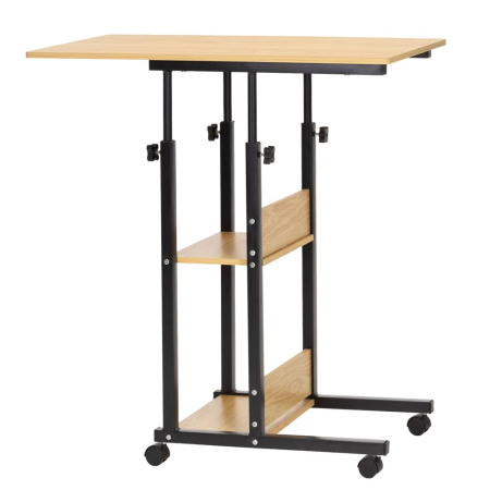 Mobila birou - Birou reglabil pe inaltime cu rafturi si roti, blat din lemn si structura metalica, 80x40x76-86 cm, maro natur