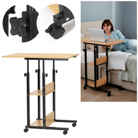 Birou reglabil pe inaltime cu rafturi si roti, blat din lemn si structura metalica, 80x40x76-86 cm, maro natur [2]