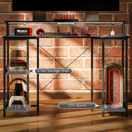  Birou Reversibil pentru Calculator cu Prize, Lumini LED, Suport Dublu si Rafturi Reglabile, 120x50x89,5 cm, Negru [7]