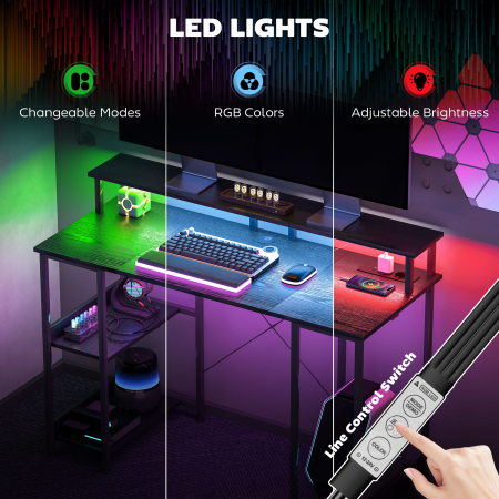  Birou Reversibil pentru Calculator cu Prize, Lumini LED, Suport Dublu si Rafturi Reglabile, 120x50x89,5 cm, Negru [4]