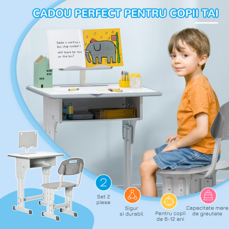  Birou scolar Copii 6-12 Ani - Reglabil cu Pupitru si Scaun [3]
