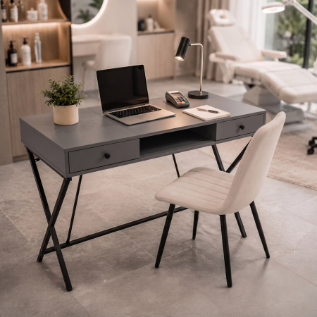 Birou stil industrial, MDF melaminat, cu 2 sertare si raft, cadru metalic, 120x50x81 cm, gri grafit [8]
