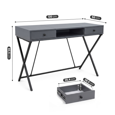 Birou stil industrial, MDF melaminat, cu 2 sertare si raft, cadru metalic, 120x50x81 cm, gri grafit [2]