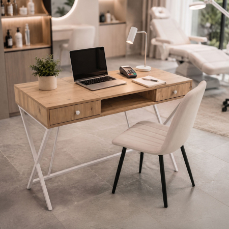 Birou stil industrial, MDF melaminat, cu 2 sertare si raft, cadru metalic, 120x50x81 cm, stejar artisan [8]