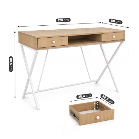 Birou stil industrial, MDF melaminat, cu 2 sertare si raft, cadru metalic, 120x50x81 cm, stejar artisan [2]