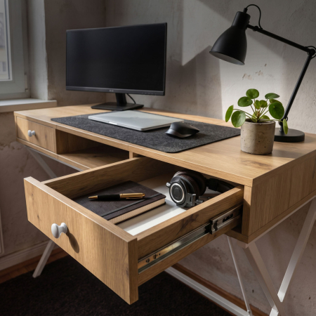 Birou stil industrial, MDF melaminat, cu 2 sertare si raft, cadru metalic, 120x50x81 cm, stejar artisan [5]
