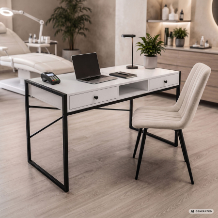 Birou stil industrial, MDF melaminat, cu 2 sertare si raft, cadru metalic, 123x48x81 cm, alb [7]