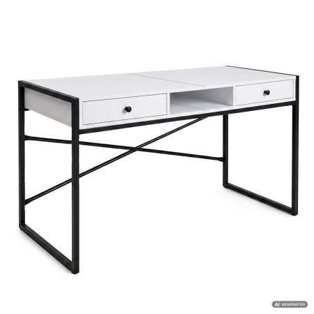 Dormitor & birou - Birou stil industrial, MDF melaminat, cu 2 sertare si raft, cadru metalic, 123x48x81 cm, alb