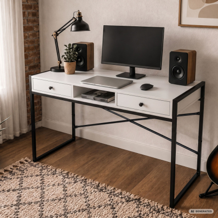 Birou stil industrial, MDF melaminat, cu 2 sertare si raft, cadru metalic, 123x48x81 cm, alb [6]