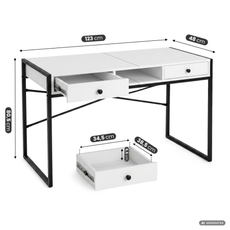 Birou stil industrial, MDF melaminat, cu 2 sertare si raft, cadru metalic, 123x48x81 cm, alb [2]