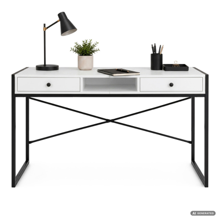 Birou stil industrial, MDF melaminat, cu 2 sertare si raft, cadru metalic, 123x48x81 cm, alb [1]