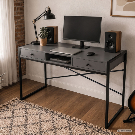 Birou stil industrial, MDF melaminat, cu 2 sertare si raft, cadru metalic, 123x48x81 cm, gri grafit [7]