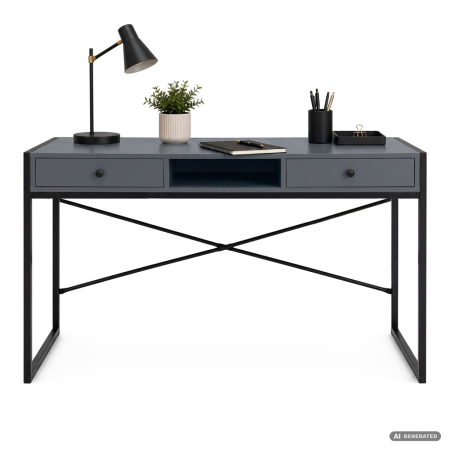 Birou stil industrial, MDF melaminat, cu 2 sertare si raft, cadru metalic, 123x48x81 cm, gri grafit [1]