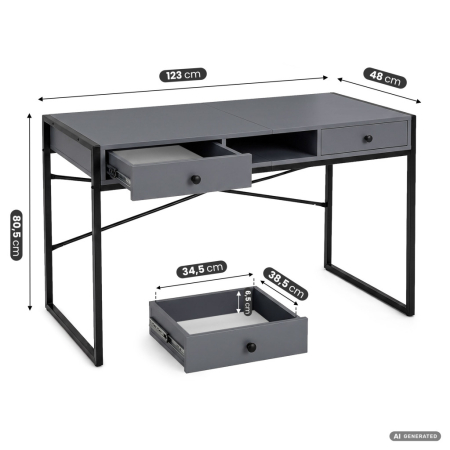 Birou stil industrial, MDF melaminat, cu 2 sertare si raft, cadru metalic, 123x48x81 cm, gri grafit [2]
