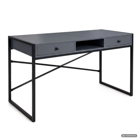 Dormitor & birou - Birou stil industrial, MDF melaminat, cu 2 sertare si raft, cadru metalic, 123x48x81 cm, gri grafit
