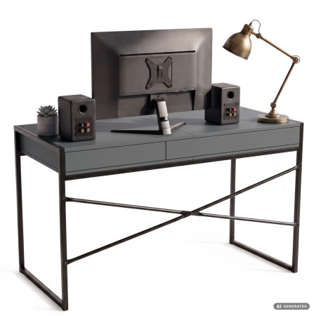 Birou stil industrial, MDF melaminat, cu 2 sertare si raft, cadru metalic, 123x48x81 cm, gri grafit [3]