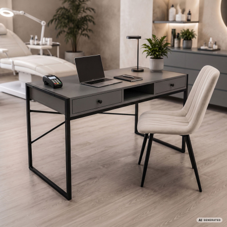 Birou stil industrial, MDF melaminat, cu 2 sertare si raft, cadru metalic, 123x48x81 cm, gri grafit [8]