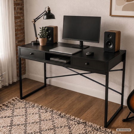 Birou stil industrial, MDF melaminat, cu 2 sertare si raft, cadru metalic, 123x48x81 cm, negru [7]