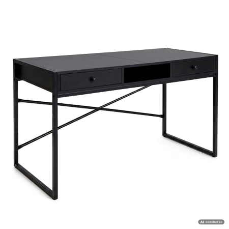 Dormitor & birou - Birou stil industrial, MDF melaminat, cu 2 sertare si raft, cadru metalic, 123x48x81 cm, negru