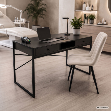 Birou stil industrial, MDF melaminat, cu 2 sertare si raft, cadru metalic, 123x48x81 cm, negru [8]