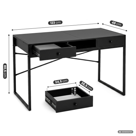 Birou stil industrial, MDF melaminat, cu 2 sertare si raft, cadru metalic, 123x48x81 cm, negru [2]