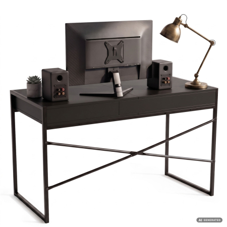 Birou stil industrial, MDF melaminat, cu 2 sertare si raft, cadru metalic, 123x48x81 cm, negru [3]