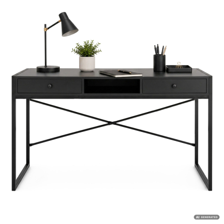 Birou stil industrial, MDF melaminat, cu 2 sertare si raft, cadru metalic, 123x48x81 cm, negru [1]
