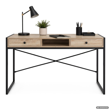 Birou stil industrial, MDF melaminat, cu 2 sertare si raft, cadru metalic, 123x48x81 cm, stejar sonoma [1]