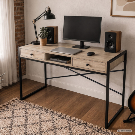 Birou stil industrial, MDF melaminat, cu 2 sertare si raft, cadru metalic, 123x48x81 cm, stejar sonoma [7]