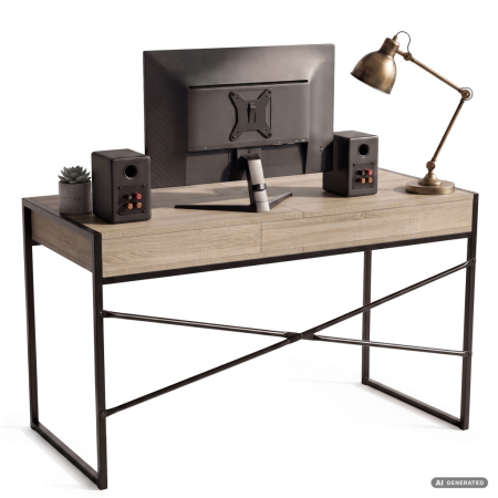 Birou stil industrial, MDF melaminat, cu 2 sertare si raft, cadru metalic, 123x48x81 cm, stejar sonoma [3]