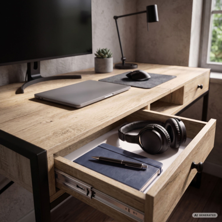 Birou stil industrial, MDF melaminat, cu 2 sertare si raft, cadru metalic, 123x48x81 cm, stejar sonoma [5]