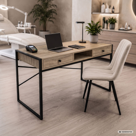 Birou stil industrial, MDF melaminat, cu 2 sertare si raft, cadru metalic, 123x48x81 cm, stejar sonoma [8]
