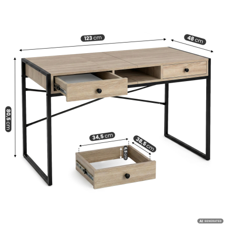 Birou stil industrial, MDF melaminat, cu 2 sertare si raft, cadru metalic, 123x48x81 cm, stejar sonoma [2]
