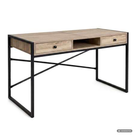 Birouri - Birou stil industrial, MDF melaminat, cu 2 sertare si raft, cadru metalic, 123x48x81 cm, stejar sonoma