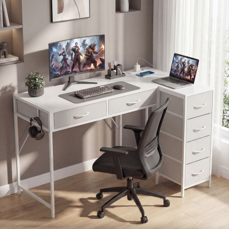  Birou Unghiular cu 6 Sertare cu Carlig Lateral si Prize Integrate, din Lemn si Otel, 126x48x80 cm, Alb [1]