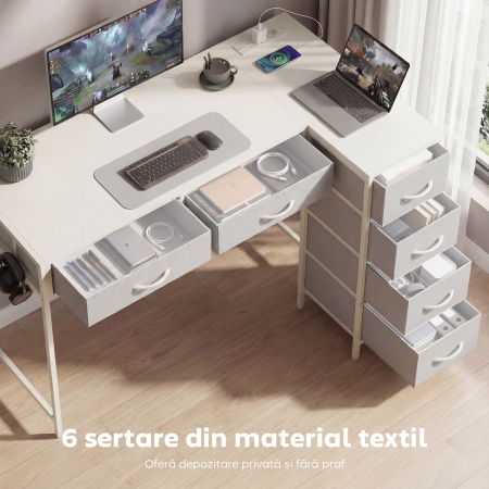  Birou Unghiular cu 6 Sertare cu Carlig Lateral si Prize Integrate, din Lemn si Otel, 126x48x80 cm, Alb [5]