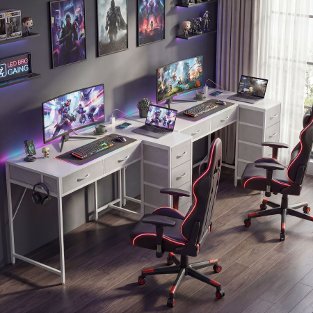  Birou Unghiular cu 6 Sertare cu Carlig Lateral si Prize Integrate, din Lemn si Otel, 126x48x80 cm, Alb [8]