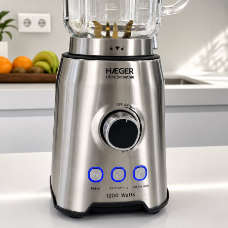 Blender HAEGER ULTRA SMOOTHIE, Capacitate 1,75 L, Putere 1200 W, Bol din sticla detasabil, Lame din titan, Viteza variabila, Functie Pulse si gheata, Aluminiu [11]