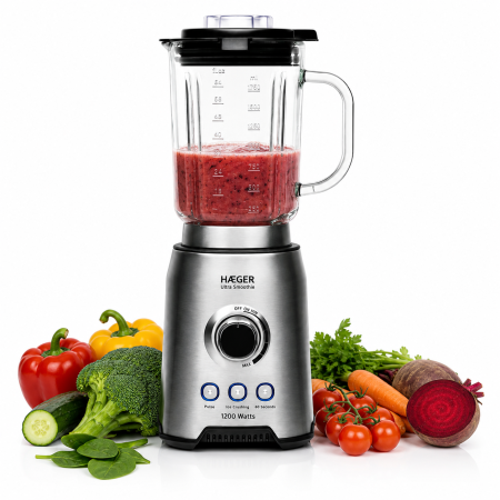 Blendere & tocatoare - Blender HAEGER ULTRA SMOOTHIE, Capacitate 1,75 L, Putere 1200 W, Bol din sticla detasabil, Lame din titan, Viteza variabila, Functie Pulse si gheata, Aluminiu