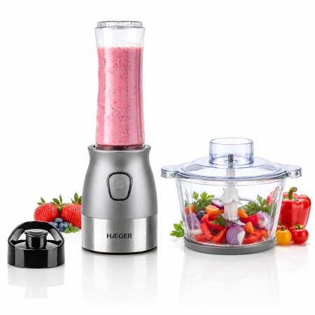 Blendere & tocatoare - Blender si tocator HAEGER PERFECT COMBO 2 in 1, Putere 500 W, Pahar 600 ml, Bol sticla 2 L, 4 Lame din inox, Argintiu