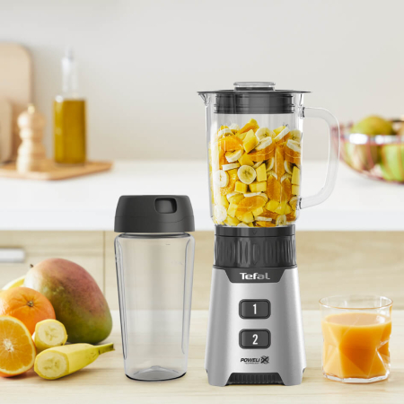 Blender Tefal Minimix BL16GE30, 400W, 2 trepte de viteza, recipient termorezistent 0.7 L, recipient portabil 0.6 L, lame detasabile Powelix, arginti [10]