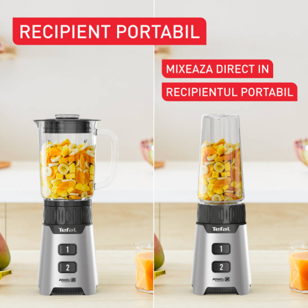 Blender Tefal Minimix BL16GE30, 400W, 2 trepte de viteza, recipient termorezistent 0.7 L, recipient portabil 0.6 L, lame detasabile Powelix, arginti [6]
