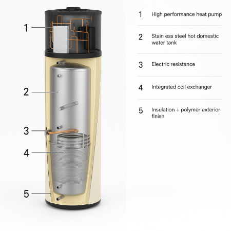 Boiler termoelectric cu pompa de caldura aer-apa Giacomini HPBY020, 200 litri, 1800 W, 2-4 persoane, 4 dusuri consecutive, consum redus, clasa A++ [1]
