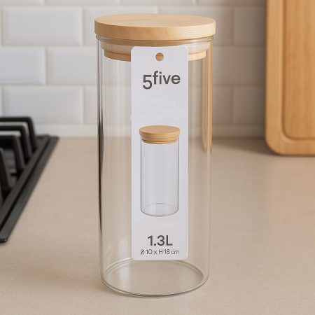 Borcan etans 5Five din sticla borosilicata cu capac lemn natural, 1.3 l, transparent [2]